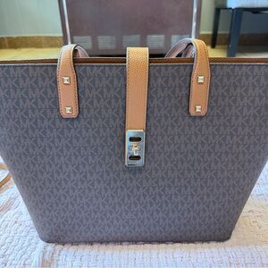 Michael Kors Brown Monogram Tote with Tan Leather Trim